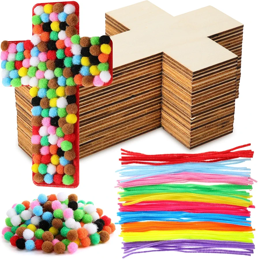 Blueweenly DIY Wood Cross Crafts for Kids Sunday School Vacation Bible School Supplies Include 24 Unfinished Wood Cross 100 Pipe Cleaners 200 Pom Poms for Church Activity Easter DIY Project Decoration
