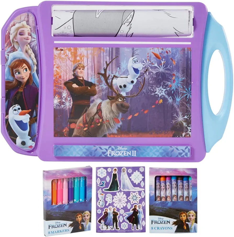 Innovative Designs Disney Frozen Roller Art Desk Set for Girls and Boys, Travel Coloring Activity for Kids, with Crayons, Markers and Stickers