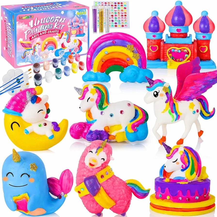 WEMEMORN Unicorn Gift for Girls Arts Crafts Painting Toys - 8 Unicorn Figurines, Creativity Arts and Crafts for Kids Ages 4, 5, 6, 7, 8 Years Old, Easter Birthday Christmas Party Unicorn Gifts Toys
