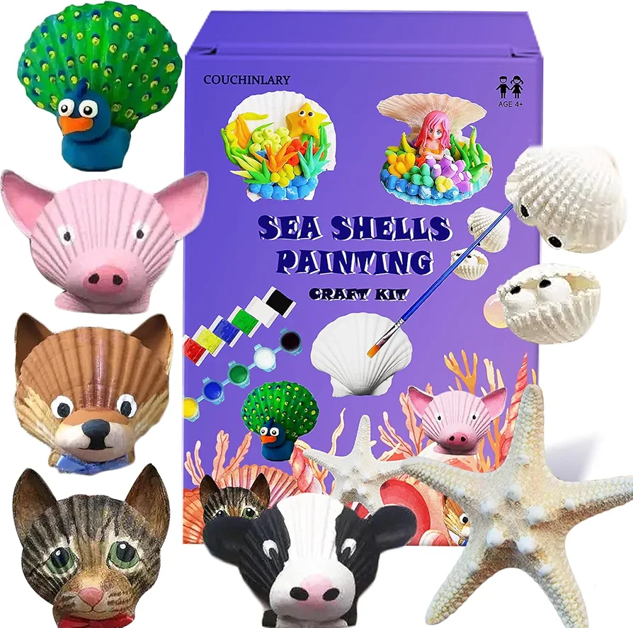 COUCHINLARY DIY Natural Sea Shells Painting Kit Starfish for Kits Children Arts&Crafts Kits Presents Gifts for Girls Boys Age 4+ Year Old 4-12 DIY Painting with Watercolor Paints