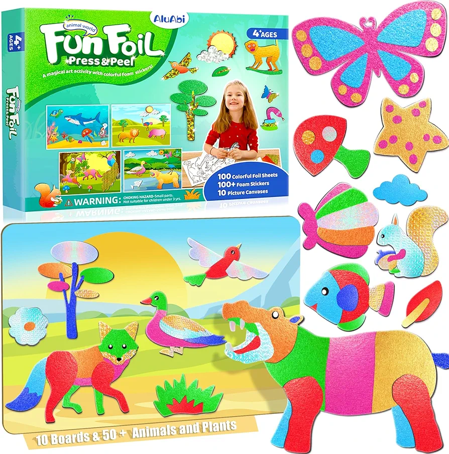 AluAbi Foil Fun Art Craft Kits for Kids, Animals Art Craft Project, DIY No Mess Art Kit Travel Toys, Fun Creative Activity Art Craft Supplies Gifts for Boy Girl Ages 4 5 6 7 8 9 10 11 12