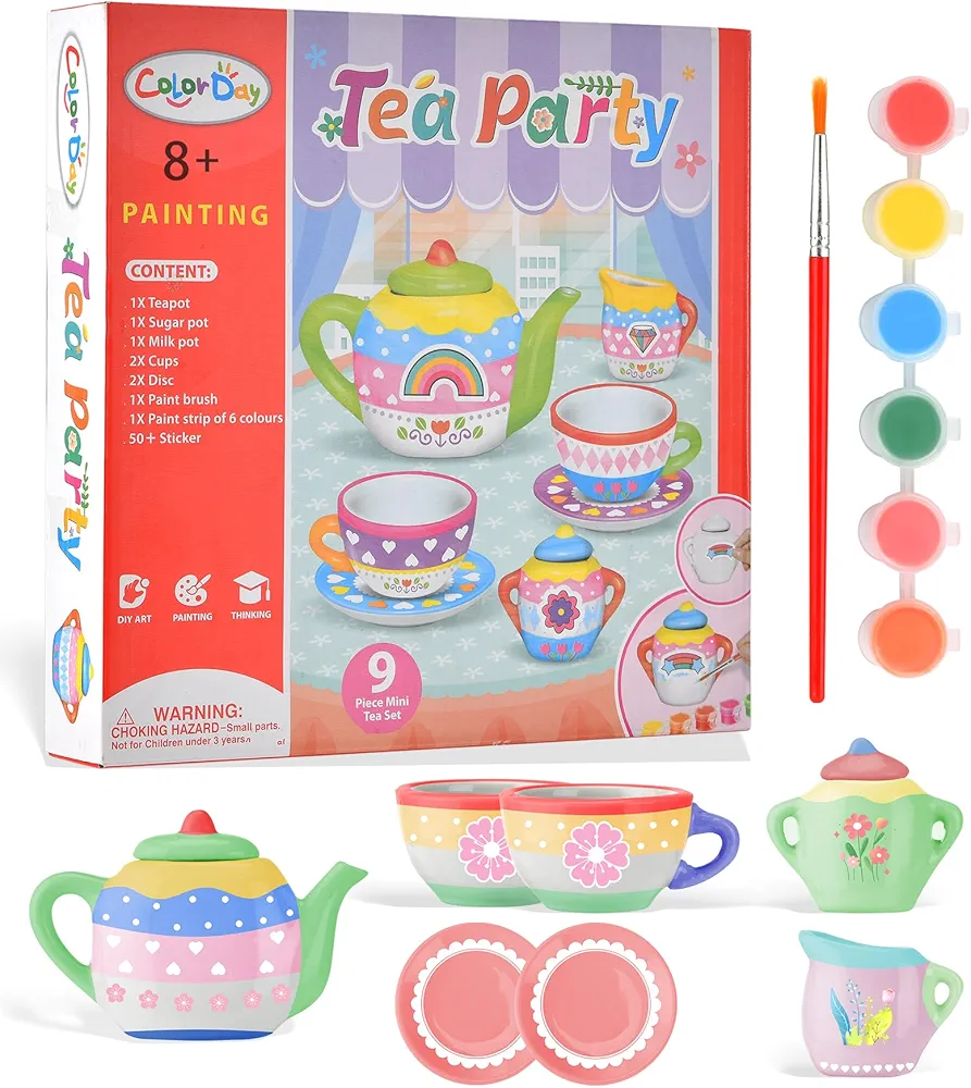 S Syxspecial Paint Your Own Rainbow Tea Set, 10 PCS Arts Crafts Painting Kit, Decorate and Creative Activity DIY STEAM Projects for Easter, Christmas, Birthday