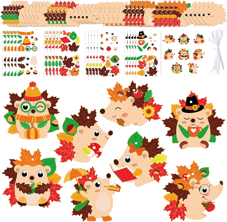 3sscha 123Pcs Fall Hedgehog Craft Kit for Kids - Make Your Own Hedgehog Maple Leaves Card Bulk Set DIY Self-Adhesive Sticker Handmade Thanksgiving Art Project Classroom Home Activity Party Favor Decor
