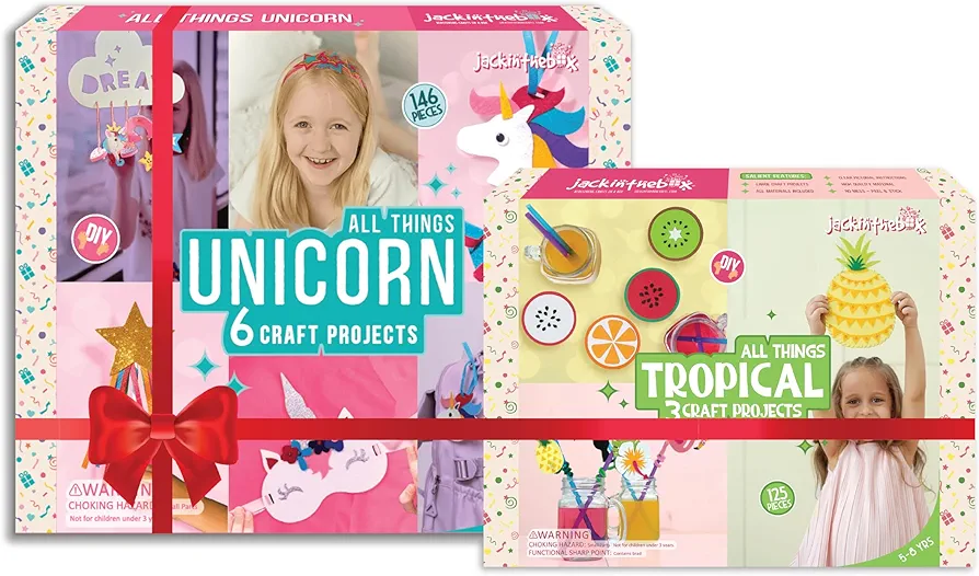 jackinthebox Gift for Little Girls (Unicorn 6-in-1 + Tropical 3-in-1) Craft Kit for Kids | Hawaiian Tropical & Unicorn Themed Arts and Crafts for Girls | Best Gift for Girls Ages 3 4 5 6 7 8 Years
