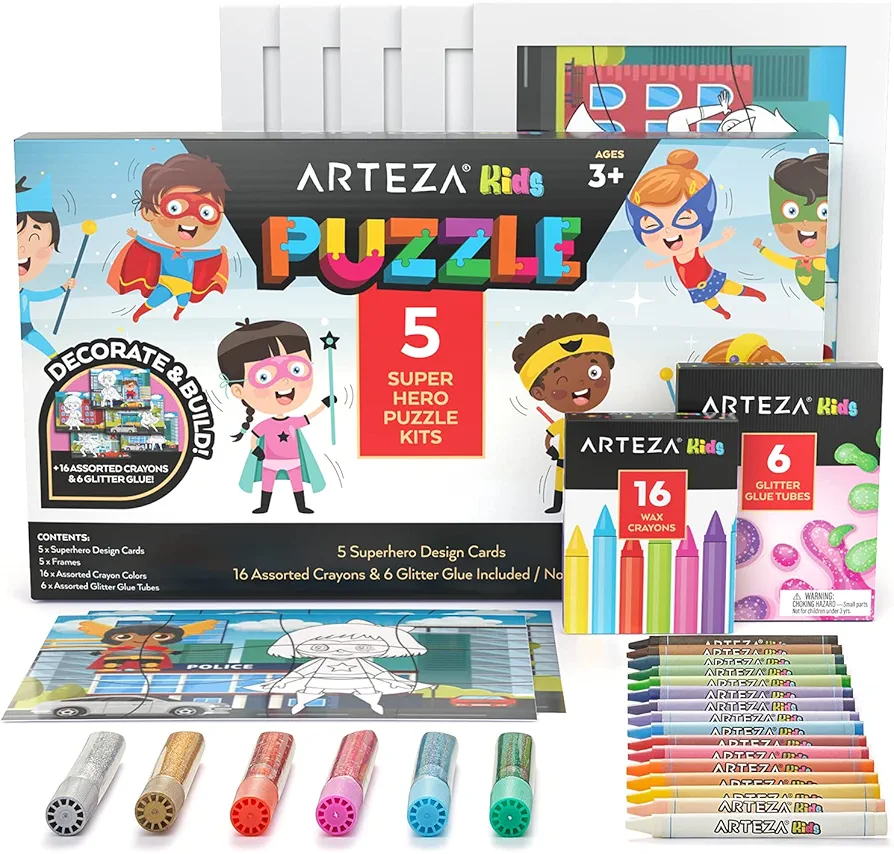 Arteza Kids Coloring Kit, 5 Superhero Jigsaw Puzzles, 16 Crayons, 6 Tubes of Glitter Glue, 5 Frames, DIY and Screen-Free Kids’ Activities, Craft and Art Supplies for Ages 3 and Up