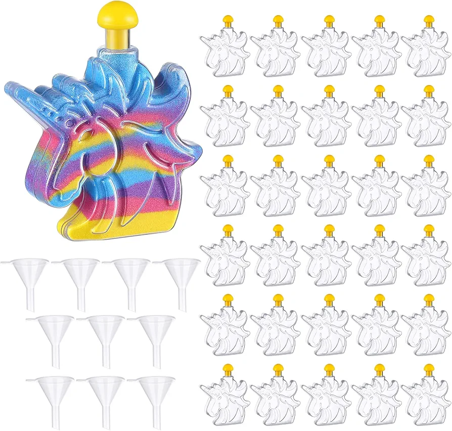 Zhehao 30 Pcs Unicorn Sand Art Bottles Bulk with 10 Pcs Mini Plastic Funnels Sand Art Container Sand Art for Kids Kit Sand Art Creations Activity Kit Party Supplies Party Favors, Without Sand