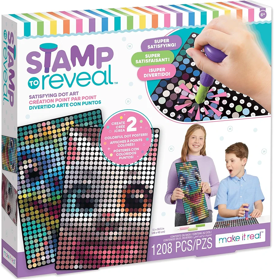 Make It Real: Stamp to Reveal: 2 Characters - Cool Cat & Smily Dino - DIY 2 Dot Posters, 11 x 16.5, Craft Kit, Artwork Activity, Girls & Kids Ages 6+