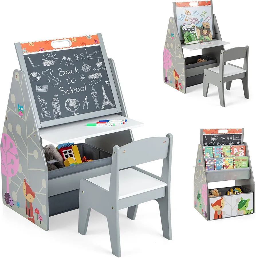 HONEY JOY Kids Art Easel, Wooden Double-Sided Toddler Table & Chair Set w/Adjustable Magnetic White Board & Chalkboard, Bookshelf & Storage Bin, Arts & Crafts, Kids Art Table for Boys Girls (Gray)