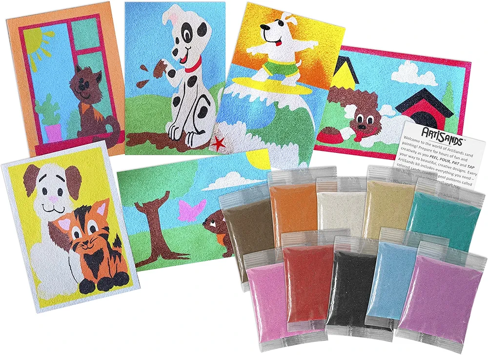 Activa ArtiSands Pets Sand Art Board Craft Kit, 6 Designs & 10 Sand Colors | Includes Storage Box Craft Tray