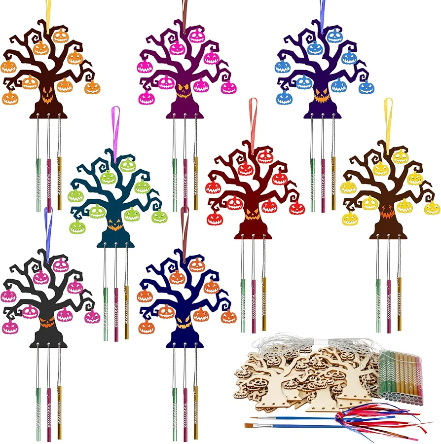 9 Pack Halloween Tree Wind Chime Kit for Kids Make You Own Wind Chimes Wooden Arts and Crafts DIY for Girls Boys Coloring Halloween Hanging Ornaments Halloween Party Decorations