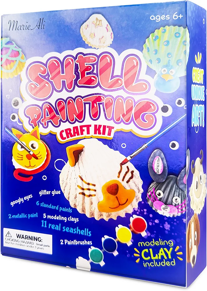 MarieALi Kids' Ultimate Seashell Painting Craft Kit Ocean Adventure – DIY Fun Learning - with Large Shells, Paint, Glitter, Clay & Googly Eyes – Fun, for Ages 4 & up