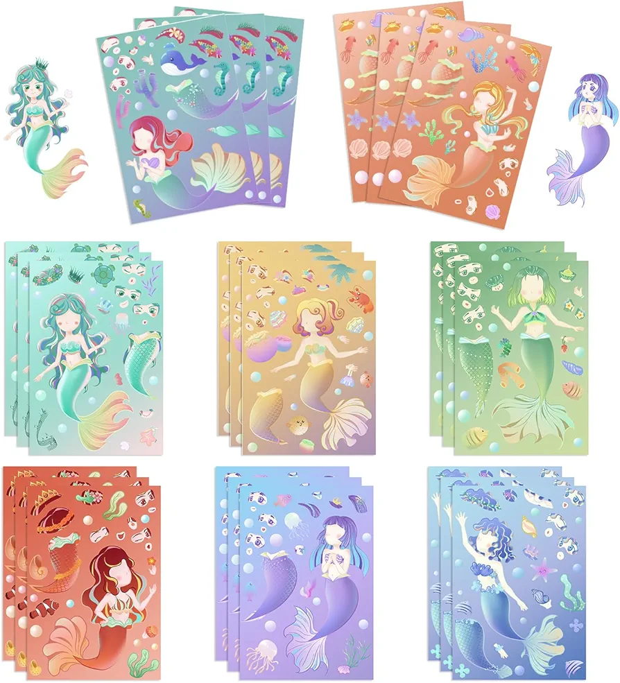 Cute Mermaid Stickers for Kids, 24 Sheets Make Your Own Mermaid Stickers, Princess Make A Face Stickers for Girls, Party Favors,Classroom Rewards, Mermaid Themed Art Craft Supplies (Mermaid DIY)…