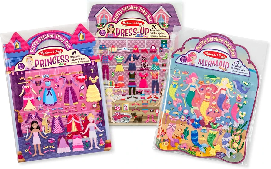 Melissa & Doug Puffy Sticker Activity Books Set: Dress-Up, Princess, Mermaid - 208 Reusable Stickers - FSC Certified
