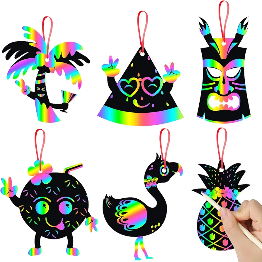 WATINC 60 pcs Hawaiian Scratch Cards Art Set for Kids and Adults, DIY Color Card Art Craft Kit, Decorations Favor Ornaments for Birthday Party Home or School, 6 Styles with Ribbon &Wood Stylus