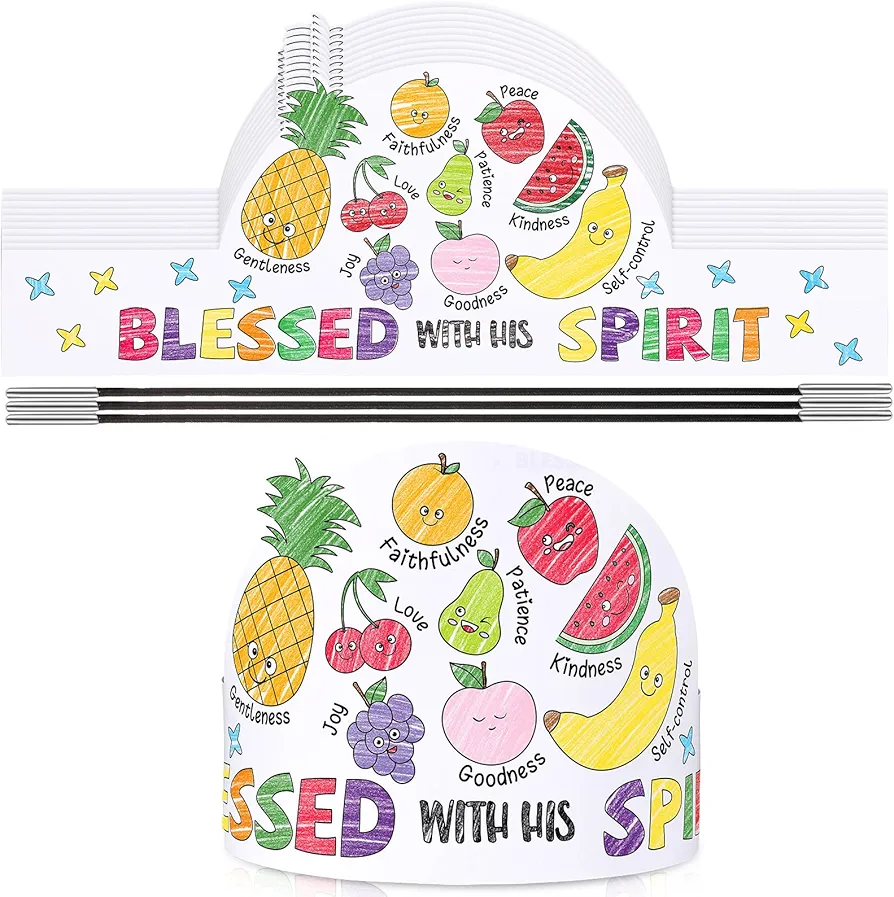 ReliThick 24 Sets Color Your Own Fruit of the Spirit Crafts Sunday School Crafts Adjustable Coloring Paper Crowns VBS Craft Religious DIY Art Crafts Kits with Elastic Cord