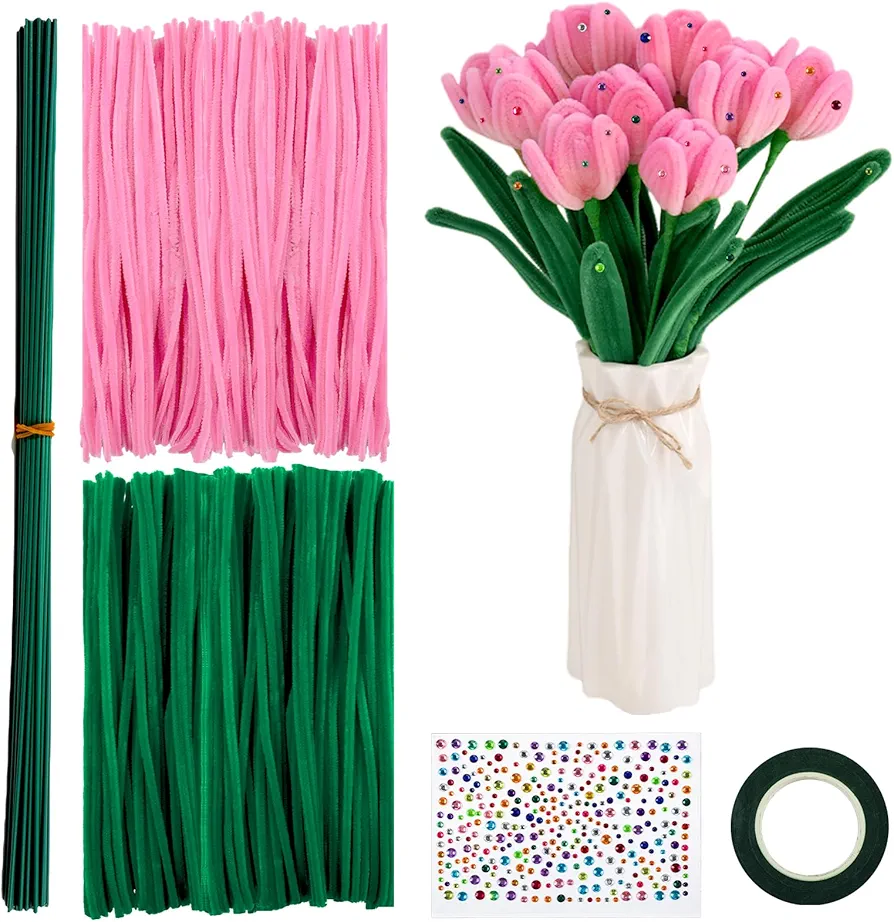 TXIN 400 Pieces Pipe Cleaners Craft Chenille Stems Flower Craft Kit DIY Tulip Bouquet Making Kit with 60 Flower Poles and 3 Tape for Crafts Decorations Creative School Projects,Pink