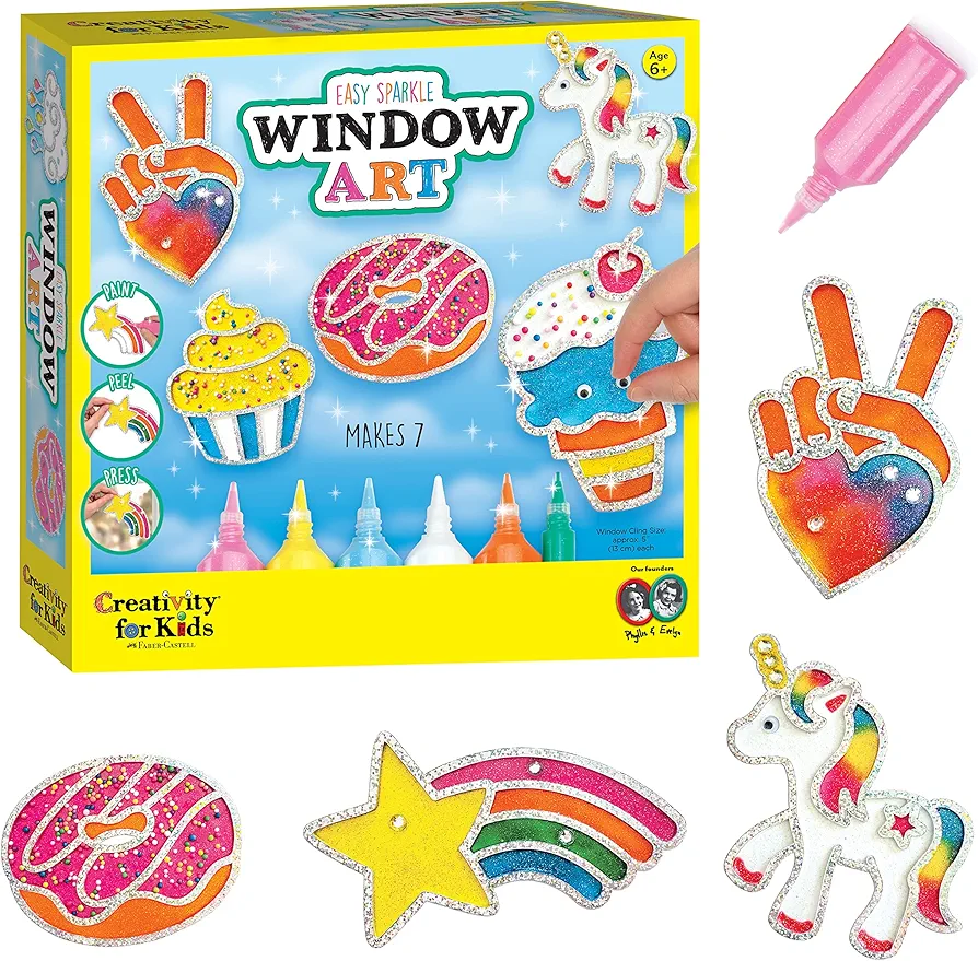 Creativity for Kids Easy Sparkle Window Art Kit - Paint and Decorate 7 DIY Suncatchers, Arts and Crafts for Kids Ages 6-8+, Activities for Kids, Rainbow Sprinkles