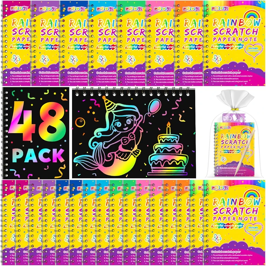 pigipigi Party Favor Toy for Kids: 48 Pack Rainbow Art Scratch Notebook, Colorful Craft Scribble Paper Magic Black Drawing Pad kit, Activity Gift Set for Girl Boy Children Birthday Christmas