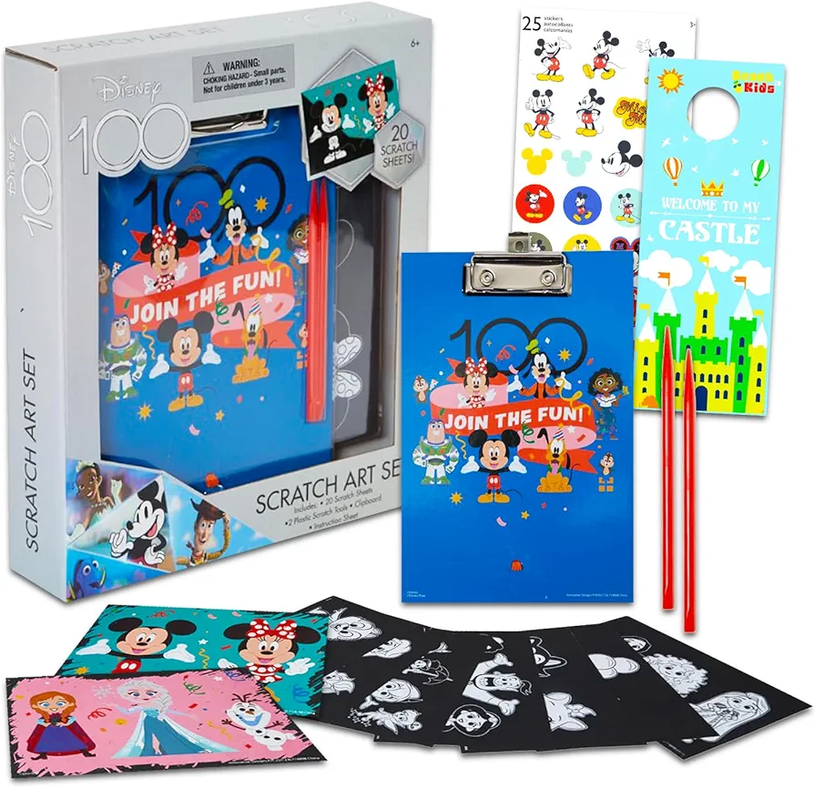 Disney 100 Scratch Art Set for Kids - Bundle with 20 Disney 100th Scratch Art Sheets Featuring Mickey, Toy Story, and More Plus Stickers | Disney Coloring Set for Kids