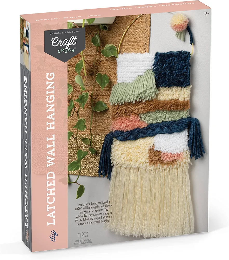 Craft Crush Latched Wall Hanging Craft Kit - DIY Kits for Home Decor - Includes Latch Hook, Braiding & Weaving Tools - Art & Craft Activity for Adults & Teens - Makes 8 x 20 Canvas Wall Hanging Kit