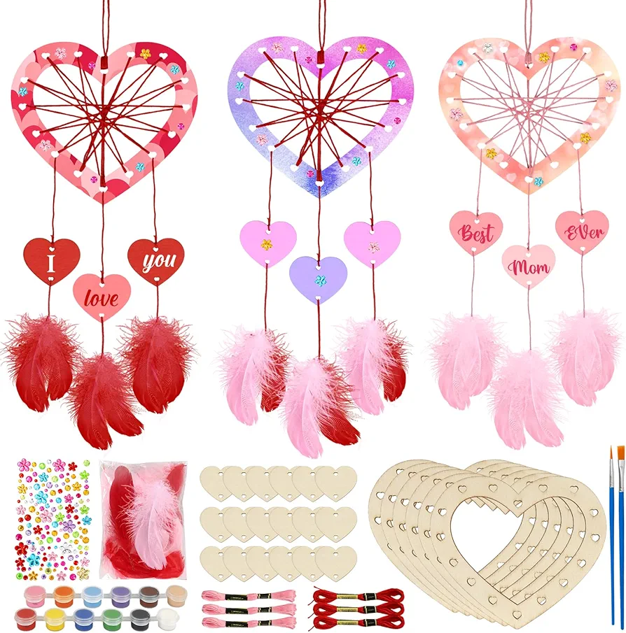 Fennoral 6 Pack Heart Dream Catcher Craft Kit for Kids Paint You Own Love Heart Dream Catcher DIY Coloring Mother's Day Wooden Art and Craft for Art Activity Project Mothers Day Decoration
