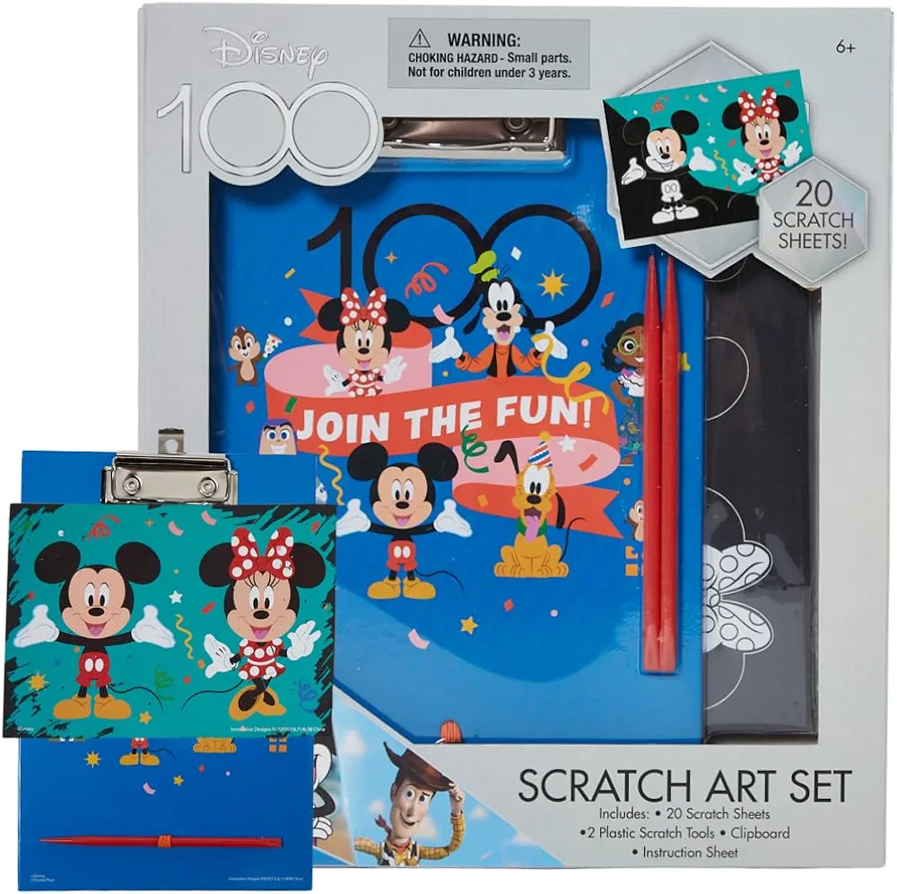 Innovative Designs Disney 100 Kids Coloring and Activity Scratch Paper Set for Girls and Boys, 20 Sheet Scratch Art for Kids with Clipboard