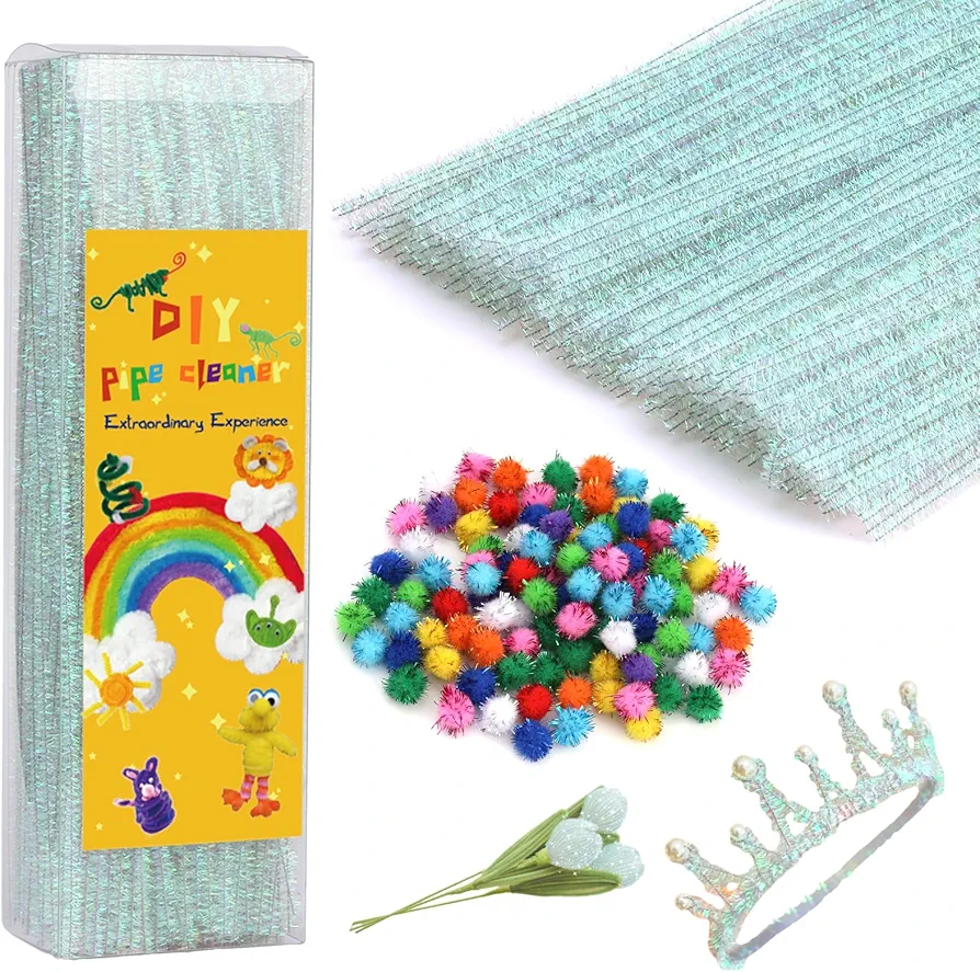 Iuuidu Pipe Cleaners Chenille Stem, 300PCS Glitter Pipe Cleaners Craft Supplies, Fuzzy Sticks Pipe Cleaner Brush with 100PCS Glitter Pom Poms for DIY Art Creative Craft Decorations (Dazzling Colors)