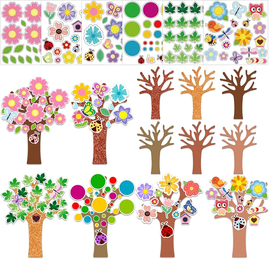 BAPHILE 30Set Spring Tree Craft Kits Springtime Flower Leaf Butterfly Self Adhesive Stickers for Kids Classroom Spring Party Decorations Favors