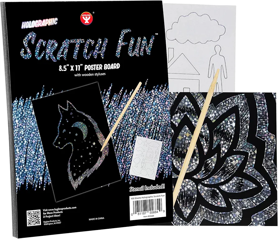 Hygloss Products Fun, Black Matte Scratch Art Set for Kids, Kit Includes 50 Silver Holographic Papers, 8.5 x 11 Inches and 10 Wooden Stylus Sticks