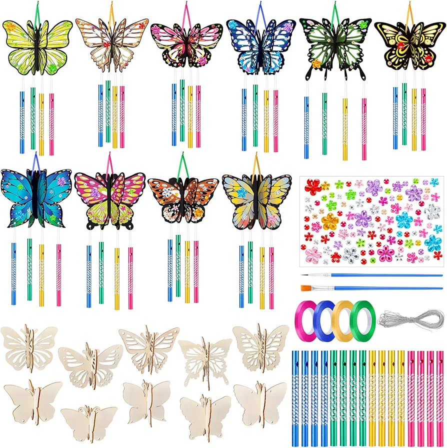 128 Pcs Butterfly Wind Chime Making Kit Make Your Own Butterfly Wind Chime Wooden Arts and Crafts Ornaments DIY to Paint Butterfly Craft for Art Activity Birthday Party