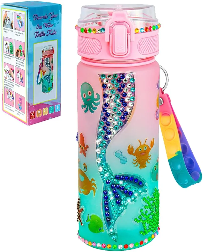 GSSWSS Decorate Your Own Water Bottle Kits for Girls,Gem Diamond Painting Crafts Kit Suit Age 4-6-8-10,Fun Arts and Crafts Gifts Toys for Girls Birthday Christmas