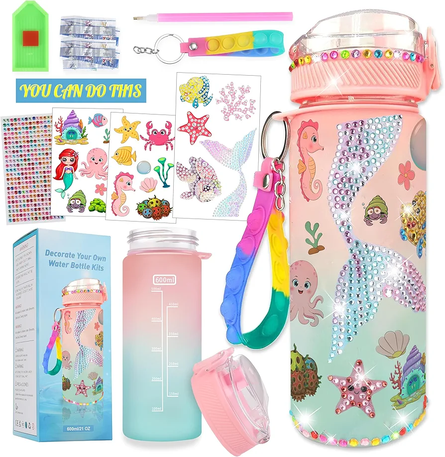 Decorate Your Own Water Bottle Kits for Girls Age 4-6-8-10 - Year Whimsy Mermaid Painting Crafts,Girls Diamond Art Water Bottle,Fun Diamond Sticker Arts and Crafts Gifts Toys for Girls Birthday 600ML