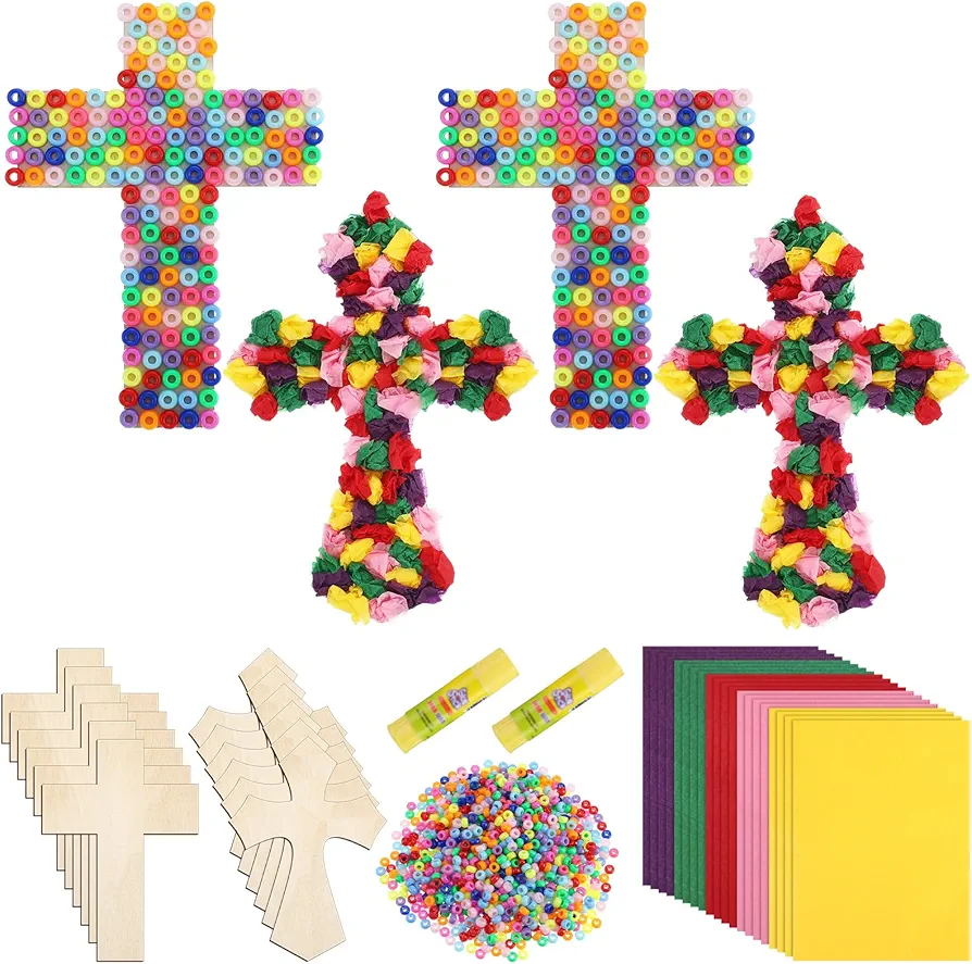 30 Sets Cross Crafts for Kids DIY Christian Jesus Crafts Bible Crafts Sunday School Vbs Supplies Religious Wooden Cross Sticky Boards with Tissue Paper Beads Gift for Church Activities