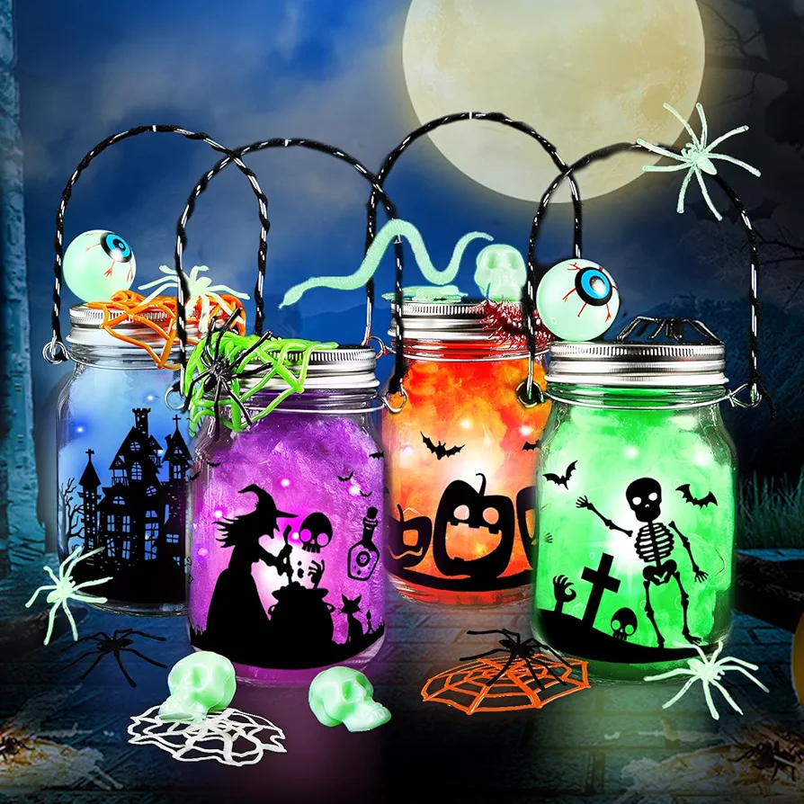 Halloween Craft Kit for Kids, 4 pcs Glass Mason Jar with accessories for DIY Lantern Jar, Halloween Art & Craft Party Supplies, Halloween Art Activities,Halloween Craft and Art Party Supplies