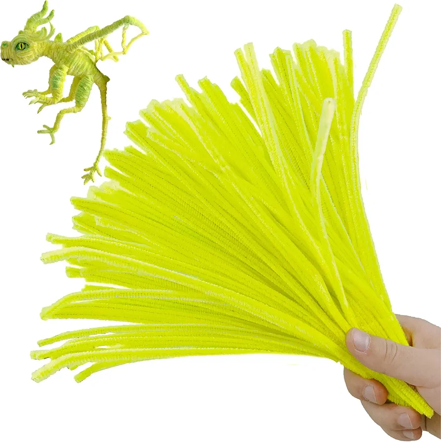 Upgraded 100PCS Chenille Stems Pipe Cleaners Craft DIY Art Supplies Thicker Fuzzy Wire Sticks Bulk for Kids and Toddlers Fluorescent Yellow
