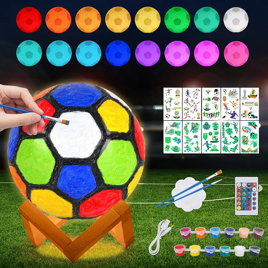 Paint Your Own Soccer Ball Lamp Kit, 5.9 Inch 16 Colors DIY 3D Soccer Ball Light Remote Control,Art Supplies Birthday Gifts for Friends Kids, Arts Crafts for Girls Boys Ages 6-8 8-12