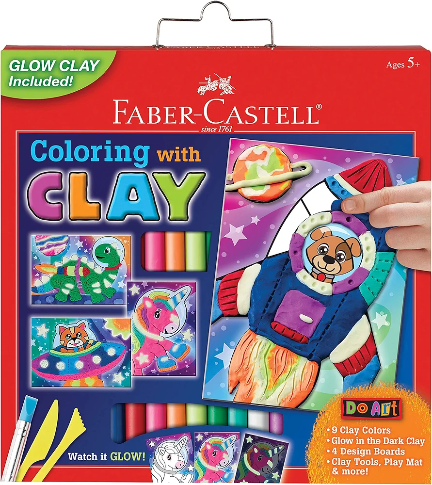 Faber-Castell Do Art Coloring with Clay Space Pets - Create 4 Glow-in-The-Dark Designs - Sensory Art for Kids, Multi