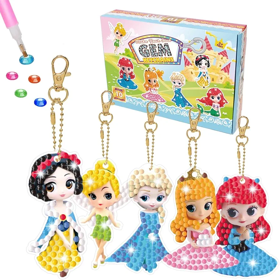 10 Pack Diamond Art Painting Keychains Kit for Girls Crafts, Gem Art Kits for Kids Gem Painting Kit, Gem Art Keychains Paint by Numbers Kits, Diamond Art for Kids Princess Gem Stickers for Crafts