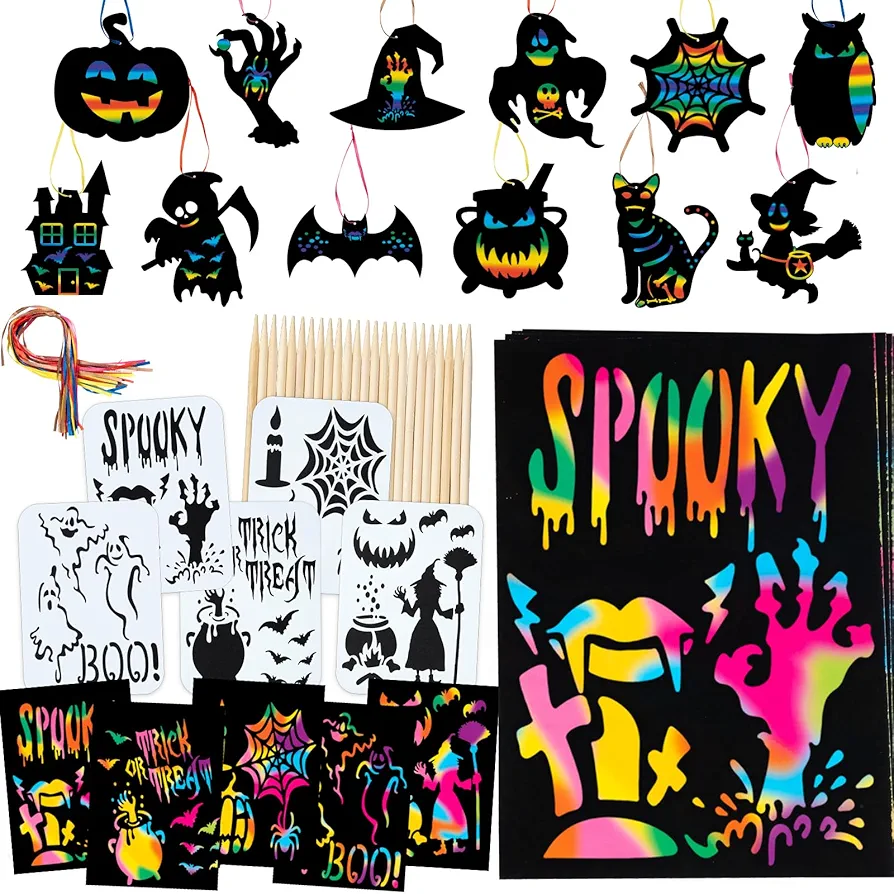 OuMuaMua 77pcs Halloween Scratch Art for Kids - Rainbow Scratch Paper Arts and Crafts Kit, Pumpkin Ghost Zombie Witch Scratch Art Hanging Ornaments for Halloween Birthday Kids Activities Gifts