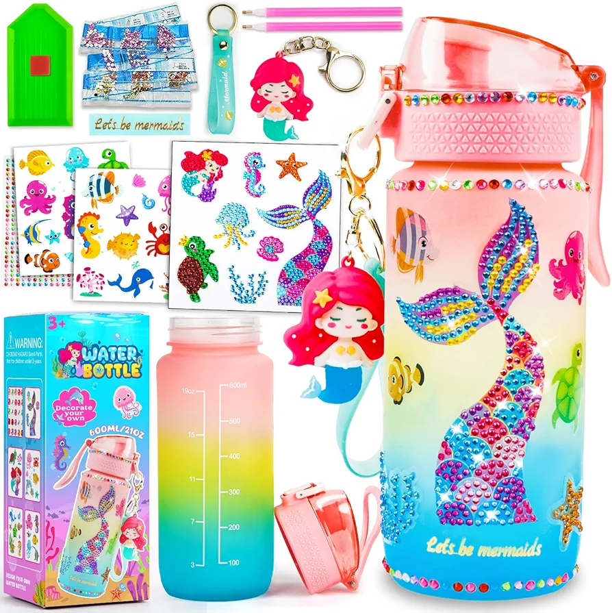 MDCGFOD Decorate Your Own Water Bottle Kits for Girls DIY Water Bottle for Girls Fun Arts and Crafts Gifts Toys Kits for 4-6-8-10 Year Old Girls Kids Birthday Christmas Gifts (Mermaid)