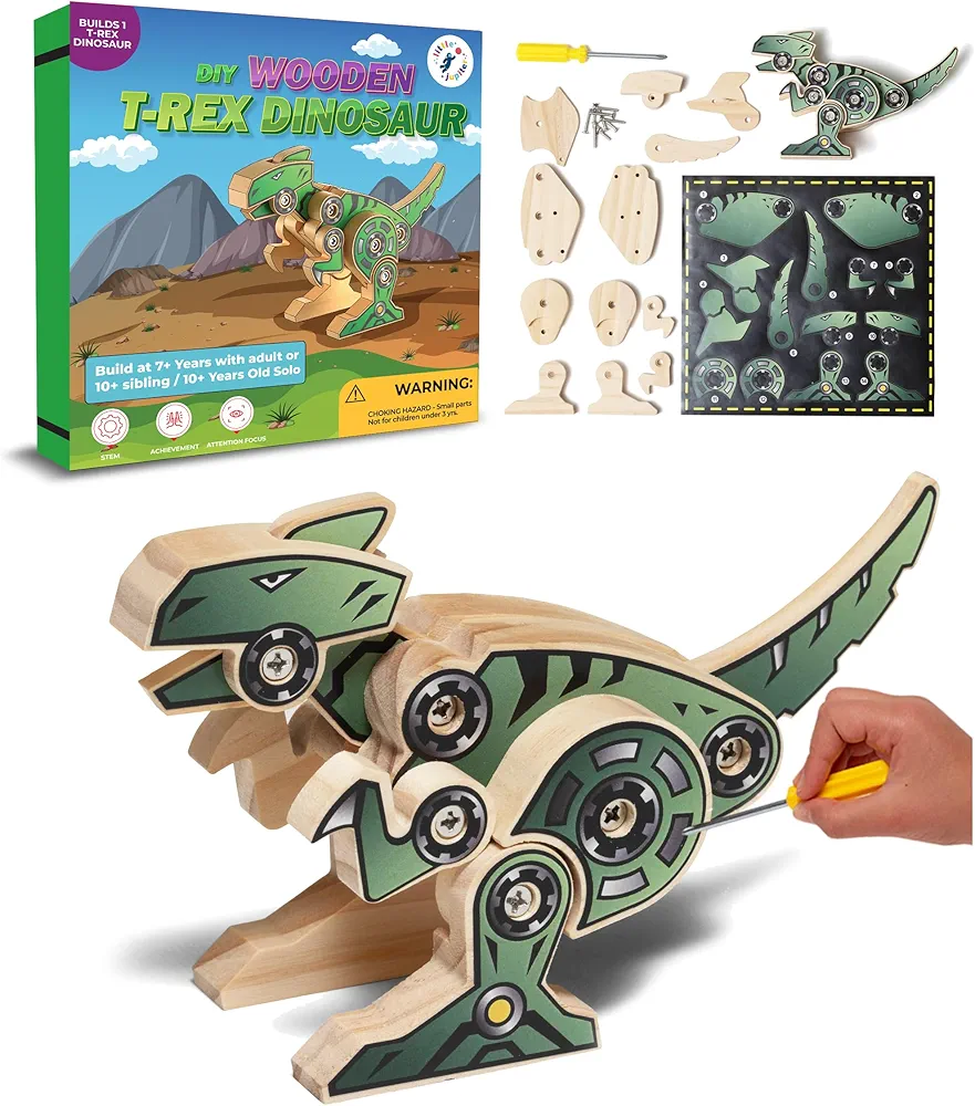 Little Jupiter DIY Wooden Kit with Stickers - Dinosaur Toys for Kids for 7-12 Yrs - Dinosaur Toy Woodworking Kits for Kids - Wood Crafts for Kids - Kids Building Kit - Wooden Crafts for Kids (T-Rex)