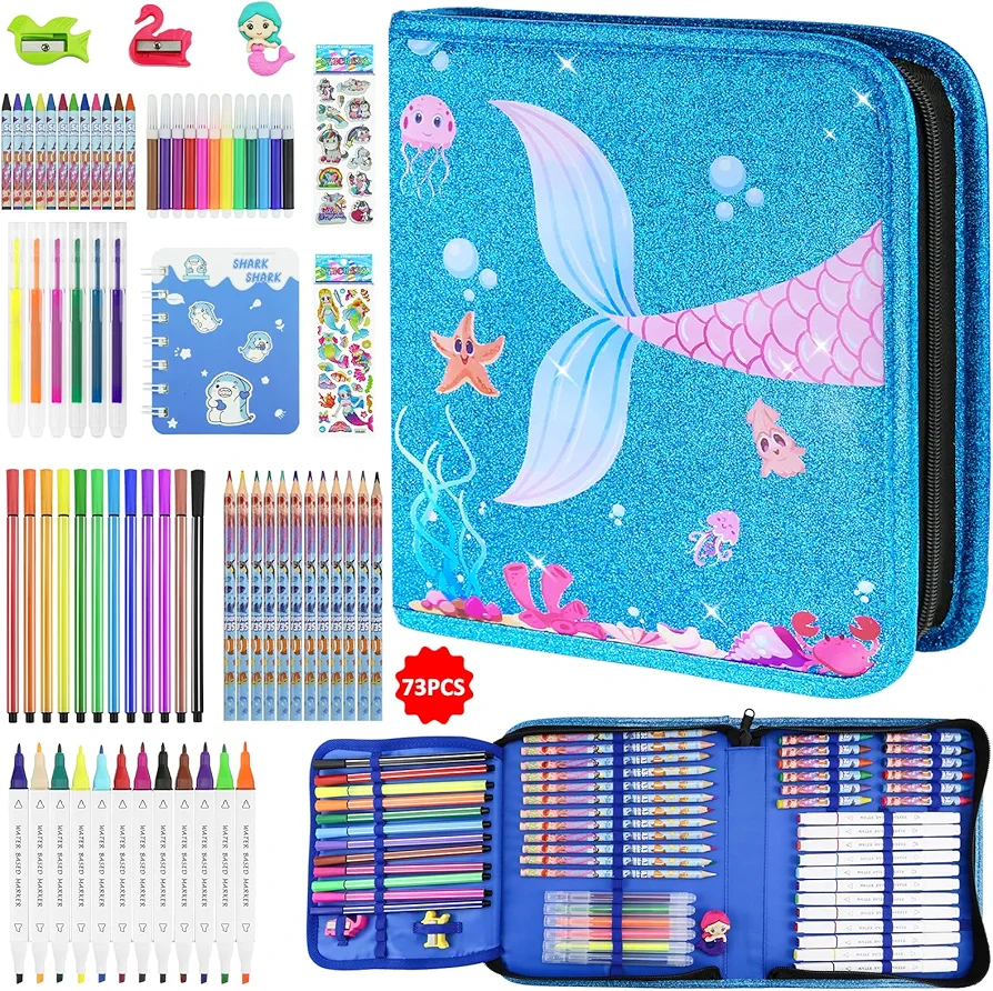 JAMIEWIN Markers Set with Glitter Mermaid Pencil Case, 73 Pcs Art and Craft Supplies Kit for Kids, Mermaid Gifts for Girls 4-9 Year Old for Christmas Birthday