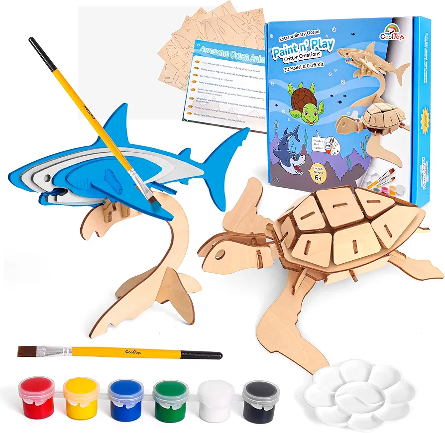CoolToys Extraordinary Ocean Paint n' Play 3D Model and Craft Kit - Educational and Fun 3D Wooden Models Building and Painting Set for Kids Ages 6+ - Creative STEM Art Project for Boys and Girls