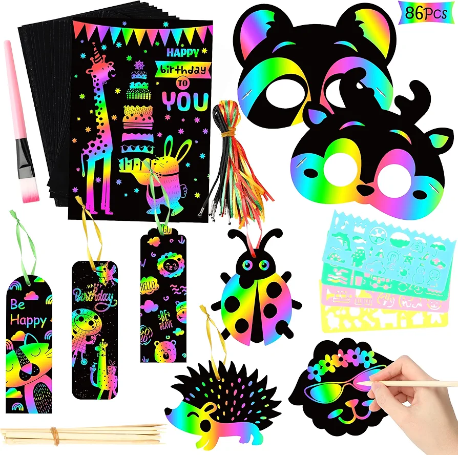 WATINC 86Pcs Scratch Paper Art Set for Kids, Magic Color DIY Arts and Crafts Kit for Kids Party Favors, Black Scratch Boards Bookmark Mask Pack with Wooden Stylus, Birthday Gift for Boys Girls