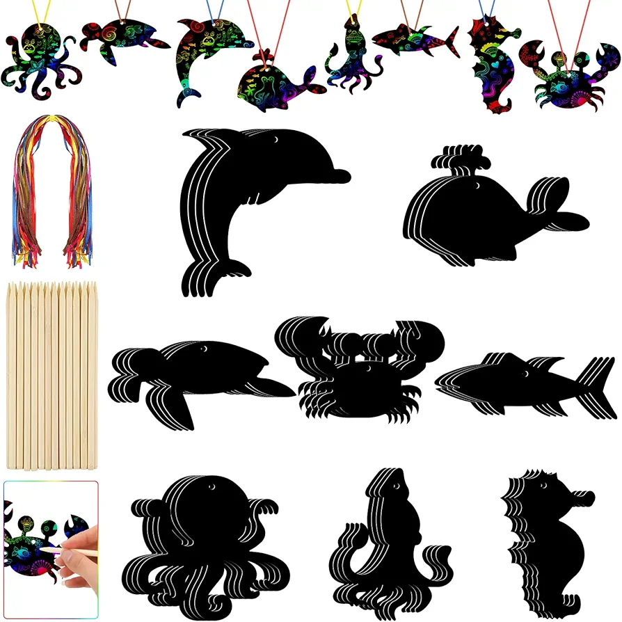 Fuutreo 64 Pcs Sea Theme DIY Scratch Cards Set Birthday Party Supplies Favor Rainbow Color Scratch Art with Wooden Styluses Ribbon Craft Kit for Kid Birthday DIY Art Themed Party Classroom Decor