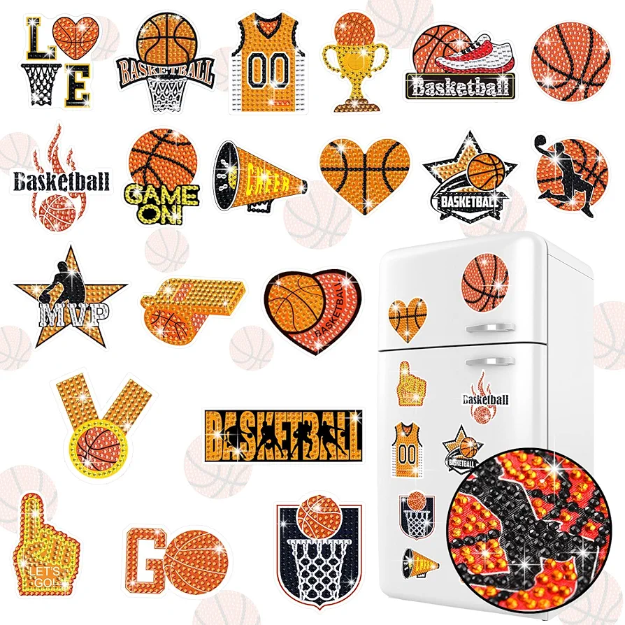 20 Pcs Basketball Diamond Painting Magnet Refrigerator Car Decoration DIY Diamond Art Painting Kits for Basketball Party Supplies Basketball Themed Party Exchange Gifts