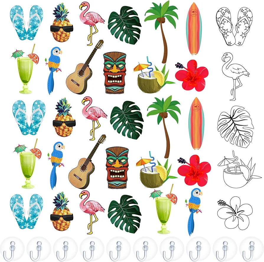 Lewtemi 36 Pcs Create Your Own Summer Hawaii Window Art Suncatcher Kits for Kids Hawaii Craft Suncatcher Paint with 24 Suction Cups for Ornament Painting Kids Classroom Party Activities