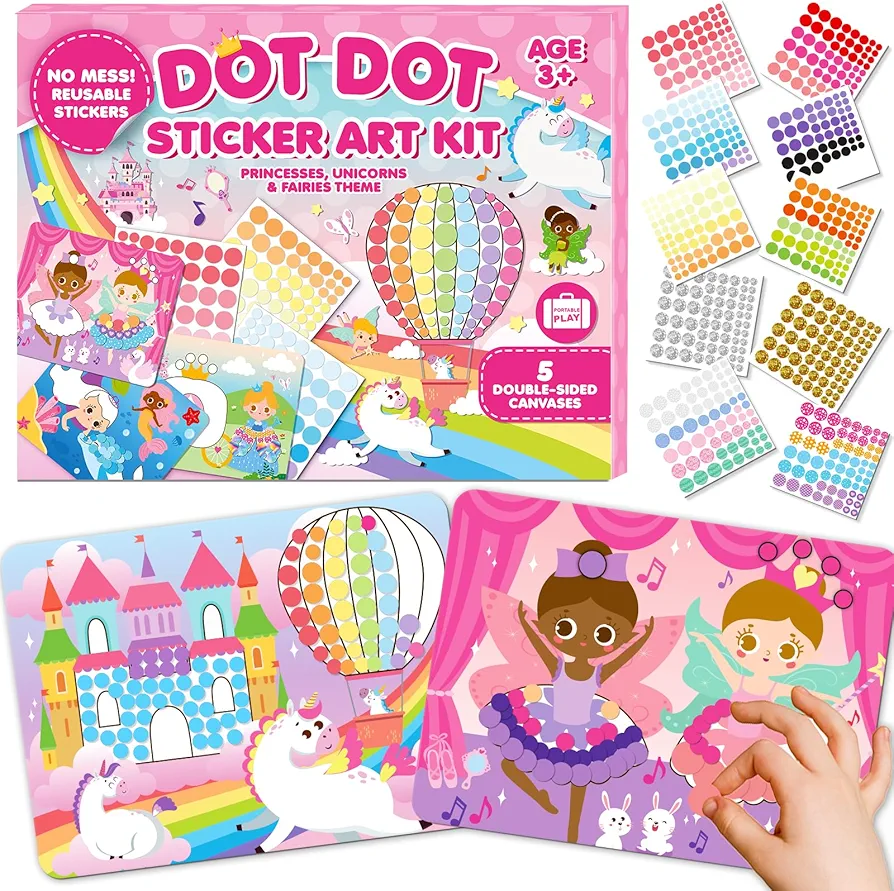 Insnug Dot Sticker Art Kit Activity - Dot It Unicorns & Princesses, No Mess Sticker Art for Toddlers 4-8, DIY Dot Stickers for Kids, Reusable Stickers Crafts Gifts for Boys & Girls Ages 3 4 5 6 7 8+