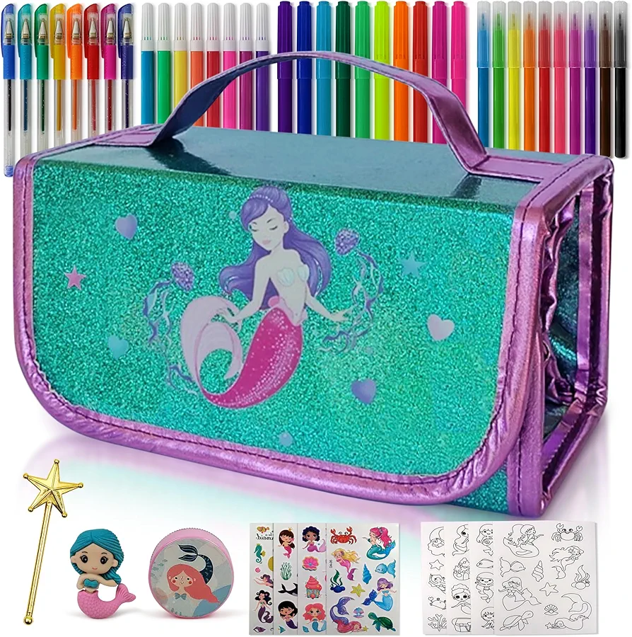 Mermaid Pencil Case With Fruit Scented Markers Art Set, Little Mermaid Gifts For Girls Ages 3 4 5 6 7 8 9 10 Years Old, Kids Coloring Set Arts & Crafts Supplies, Birthday Girl Mermaid Toys For Girls