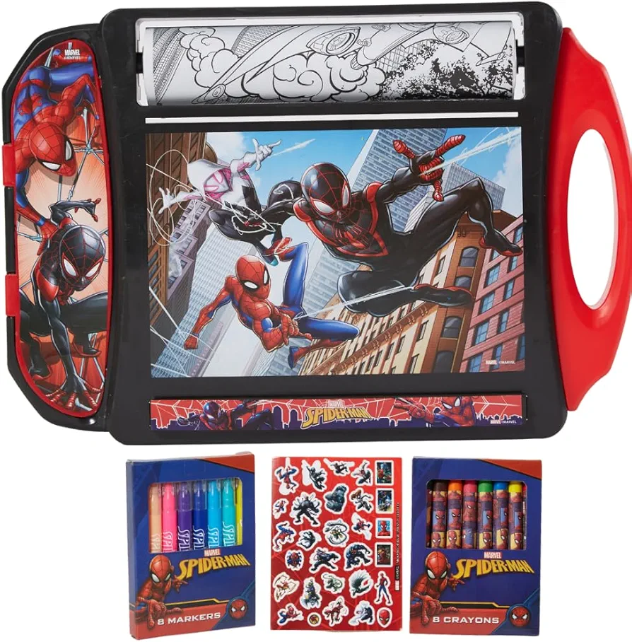 Marvel Spiderman Roller Art Desk Set for Girls and Boys, Travel Coloring Activity for Kids, with Crayons, Markers and Stickers